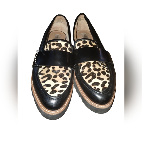 Halogen Black Leather Pony Hair Leopard Print Pointy Toe Slip On Loafers… - Picture 5 of 12